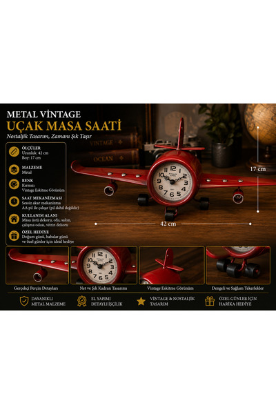 Atak Hediyelik Vintage Kırmızı Metal Uçak Masa Saati – Dekoratif Retro Uçak S...