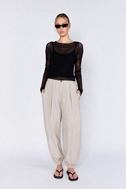 TENA Women's Stone-Colored Elastic Waist Shalwar Cut Trousers