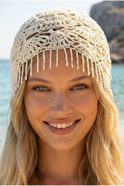 Mood Agenda Women's Tasseled Knitted Bandana Beanie Mesh Textured Bohemian Be...