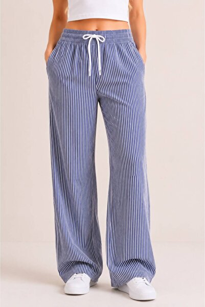 Miyalon Women's High Waist Summer Wide Leg Pants with Pockets and White Stripes