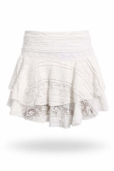 5in1Canpolat Ecru Ruffled Lace Mini Skirt 30978