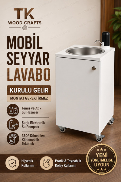 TK WOOD CRAFTS Premium Mobil Seyyar Lavabo Yeni Yönetmeliğe Uygun Tekerlekli ...
