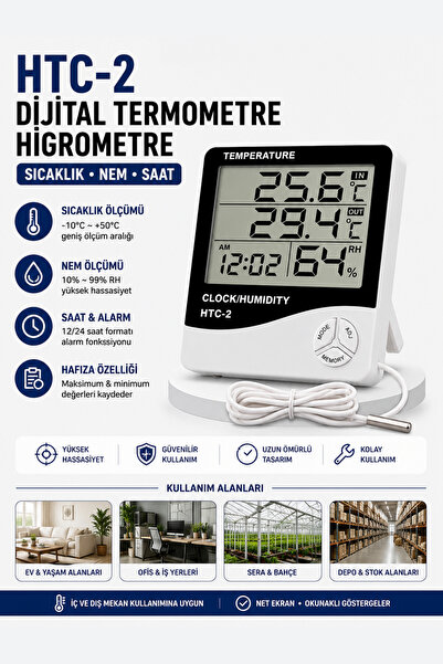 RoboPazar HTC-2 Dijital Termometre Higrometre – Harici Sensörlü Sıcaklık ve N...