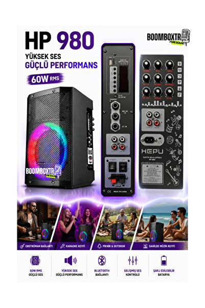 Boomboxtr HP-980 Partybox Bluetooth Hoparlör – 8” Hoparlör, 60W Güç, RGB Işık...
