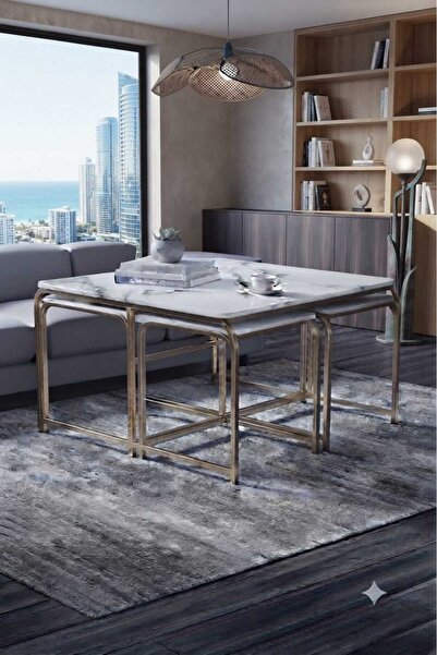 5Lİ DEMET 4+1 ORTA SEHPA GOLD BEYAZ MERMER DESEN MDF