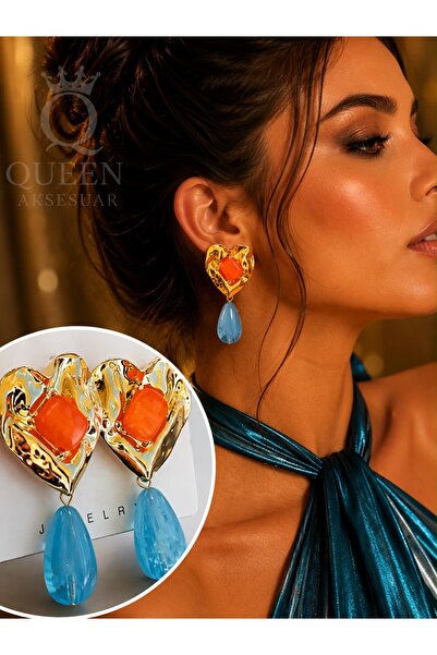 QUEEN AKSESUAR Elegant Gold Gold Heart Orange Agate Blue Jade Marble Appearan...