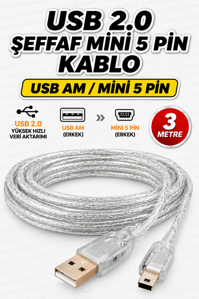 nelerbulurum Yüksek Kaliteli 3 metre USB 2.0 Mini USB 5 Pin Şarj ve Veri Kabl...