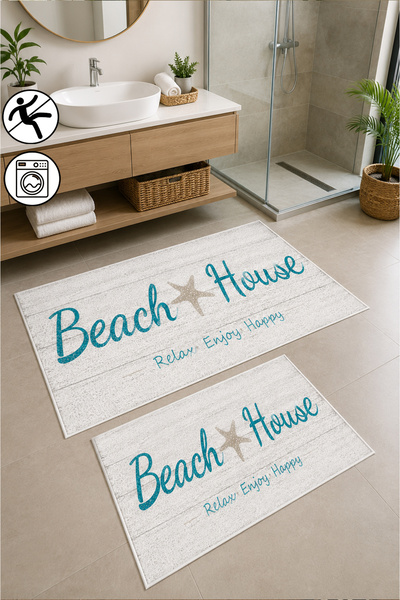 blcmoda Beach House Dijital Baskılı Kaymaz Taban Yıkanabilir 2'li Banyo Paspa...