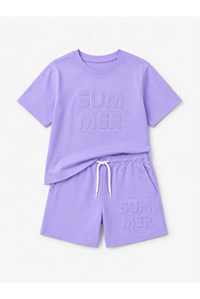YİGİT BUTİK Girl's Summer Embossed Letter T-Shirt and Shorts Set