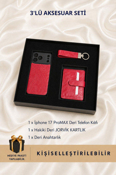 CüzCan Premium Hakiki Deri Hediye Seti - Motifli Yeşil Cüzdan Anahtarlık & iP...