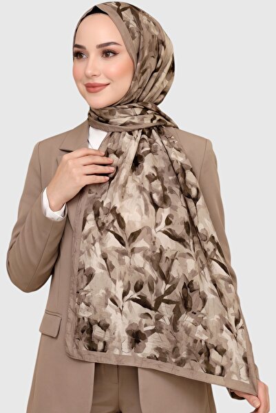 hadiora Light Brown Leaf Patterned Bamboo Crush Shawl - Wrinkled Textured Cas...