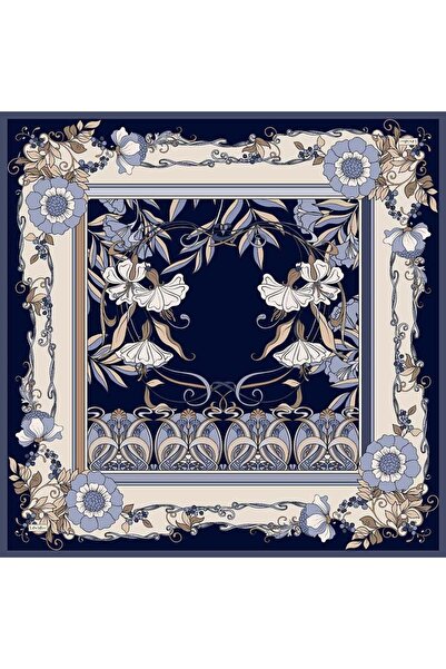 Levidor Navy Blue Lily Flower Patterned Twill Silk Scarf