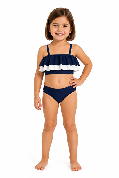 caddekids Kız Çocuk Volanlı Bikini Takımı Lacivert Beyaz Ayarlanabilir Askılı...