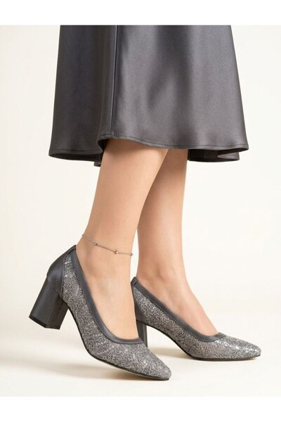 Gönbeler Women's Gray Lace Detailed Thick Heeled 6 cm Stylish Evening Dress S...