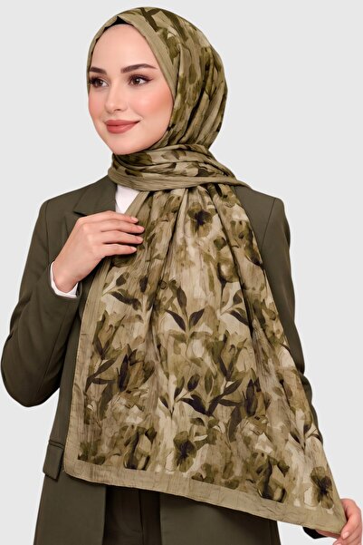 hadiora Olive Green Leaf Patterned Bamboo Crush Shawl - Wrinkled Textured Cas...