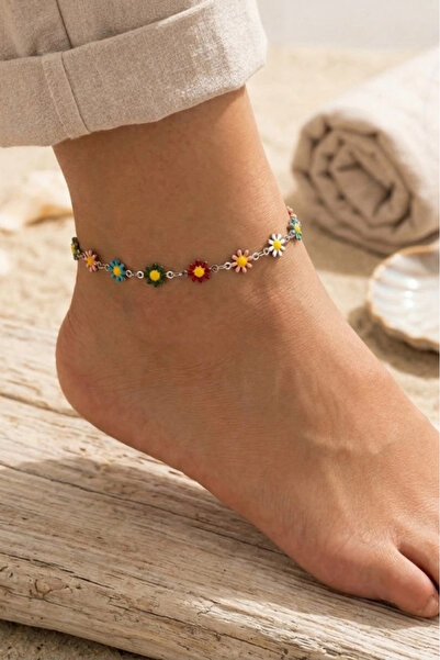 SEVGİLİ TAKI Women's Floral Daisy Steel Anklet |   Boho Style Colorful Anklet...