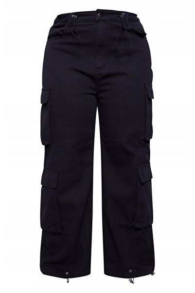 NO BRAND Pantaloni lungi negri, stil militar, cu buzunare, fermoar, talie ela...