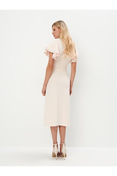 NO BRAND Rochie de cocktail bej, midi, cu șliț, drapaje și volane, Mohito L