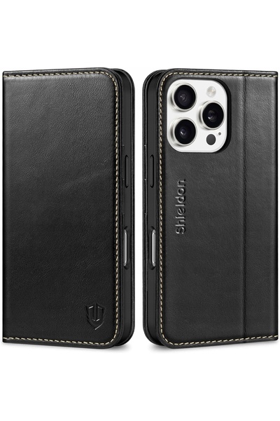 NO BRAND Husă Shieldon din piele naturală pentru iPhone 16 Pro, tip flip, cu ...