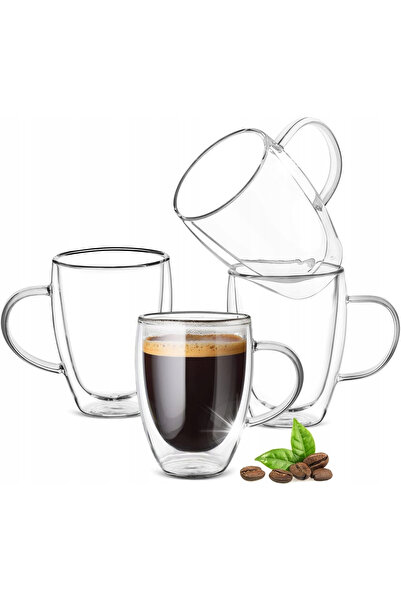 NO BRAND Pahare cu pereți dubli pentru Latte și Espresso cu mâner, 4 x 350ml