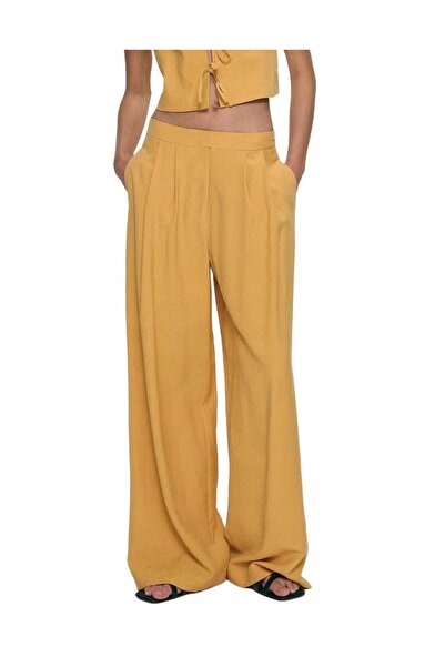 NO BRAND Pantaloni largi din viscoză, culoare muștar, cu talie înaltă, Reserv...
