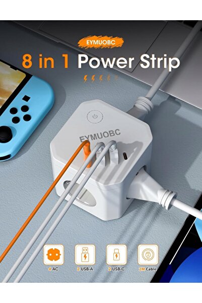 NO BRAND Prelungitor 8 în 1 - 4 Prize + USB-A + USB-C, Cablu 2 m