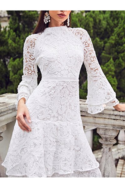 NO BRAND Rochie albă din dantelă, midi, cu volane, mâneci lungi, broderie ele...