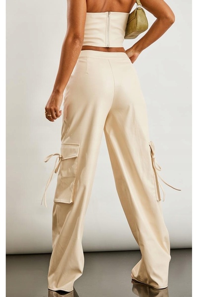 NO BRAND Pantaloni bej din piele ecologică, cu picior lung și buzunare, PRETT...