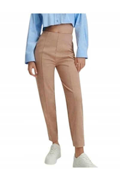 NO BRAND Pantaloni bej, croială țigară, din țesătură texturată, cu talie înal...