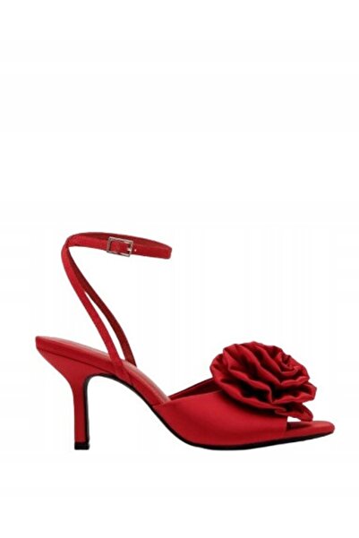 NO BRAND Sandale roșii cu toc, clasice, cu floare 3D, vârf pătrat, 36