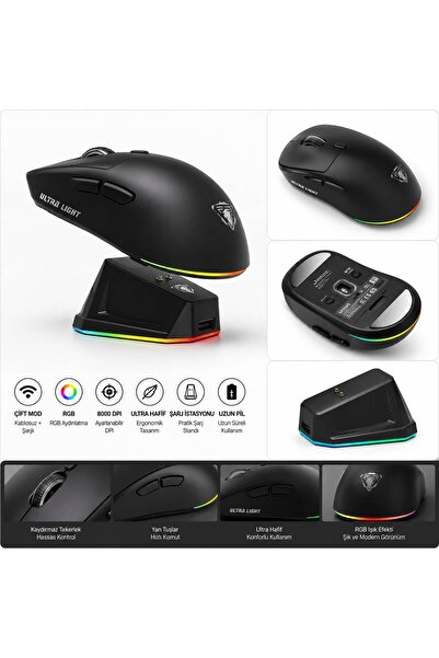 newnet JeDEL WD-139 Şarjlı Kablosuz Oyuncu Mouse | RGB Işıklı | Ultra Hafif |...
