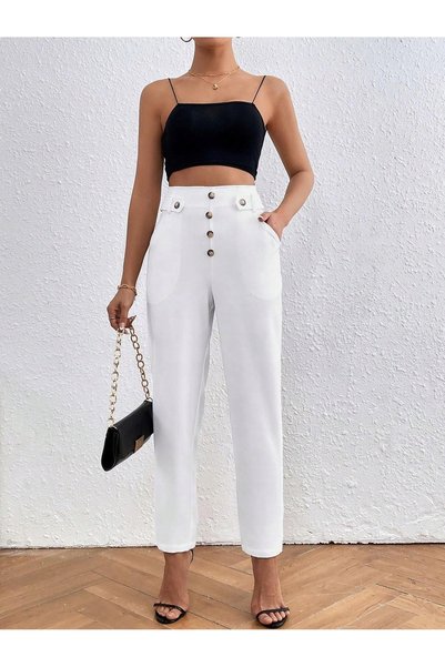 NO BRAND Pantaloni albi croială dreaptă talie înaltă cu buzunare Shein 40/42