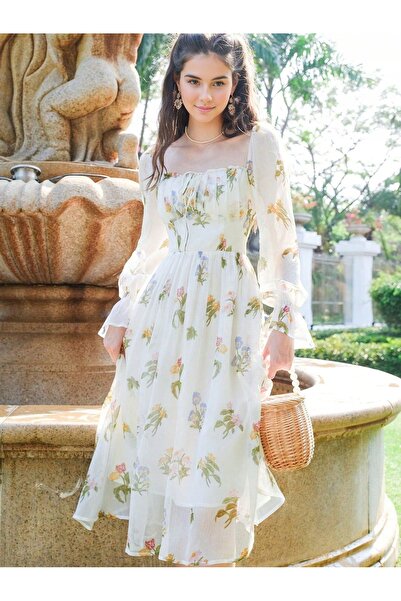 NO BRAND Rochie midi simplă bej cu imprimeu floral, decolteu pătrat, Shein L