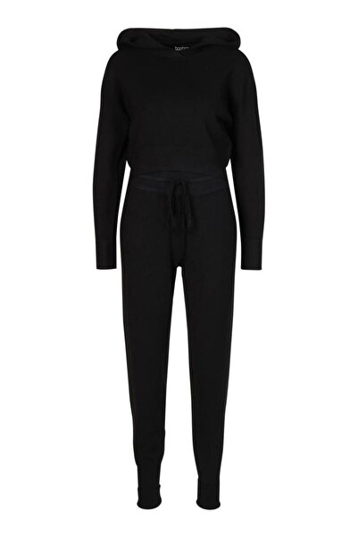 NO BRAND Boohoo Hanorac tricotat scurt cu glugă, cu mânecă lungă, L