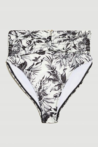NO BRAND Slip de bikini negru-alb cu imprimeu vegetal, talie înaltă, cu catar...