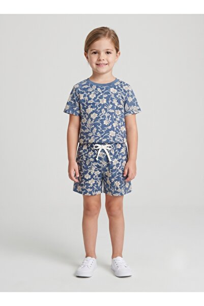 Babyqlo Girls Blue Floral Print T-Shirt and Shorts Set