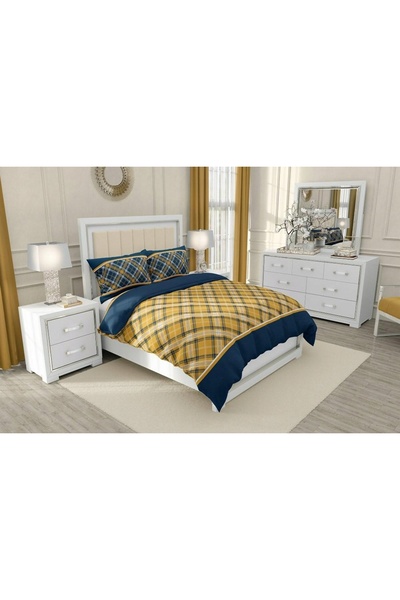 NO BRAND Lenjerie de pat din bumbac 160X200 cu model grilă bleumarin-galben