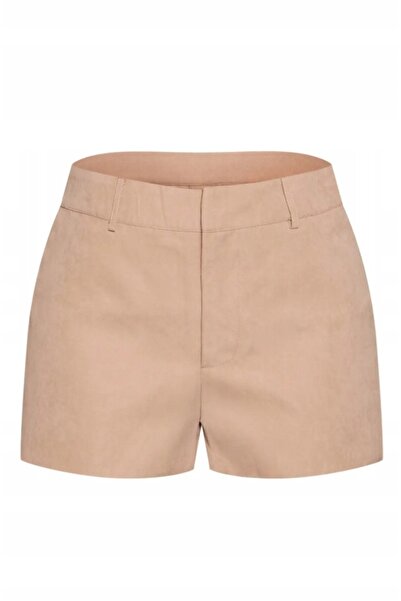 NO BRAND Pantaloni scurți bej din piele ecologică cu închidere cu fermoar Pre...