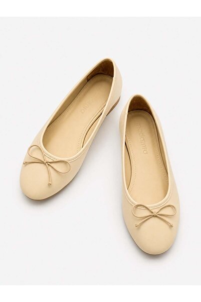 Madamra Cream Women's Bow Detailed Casual Ballerina Shoes – Flat Sole Balleri...