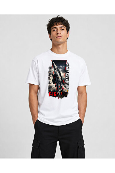 chaygoy Unisex Relaxed Fit Beyaz Sıfır Yaka Tişört, Hava Kuvvetleri F-16 Savaş Uçağı Baskılı