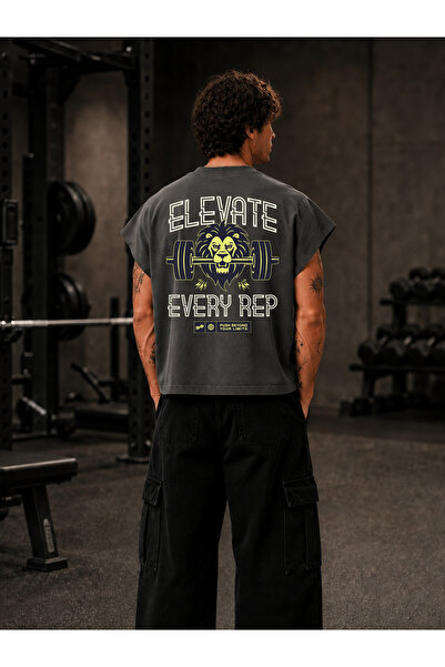 EVIus تي شيرت GYM Sporcu Elevate Every Rep مطبوع بمقاس كبير وقصة واسعة بدون أ...