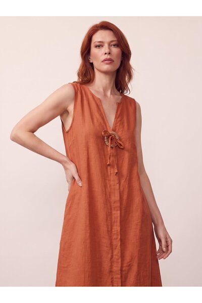 DenizEge Linen Textured Buckle Sleeveless Cotton Dress Cinnamon
