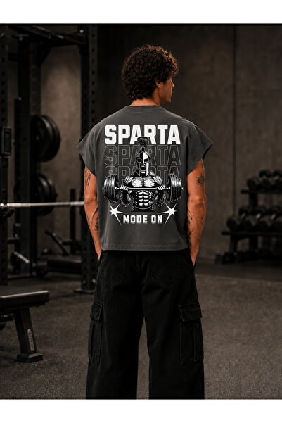 EVIus تي شيرت GYM Athlete Sparta Mode On مطبوع بمقاس كبير وبدون أكمام وياقة د...