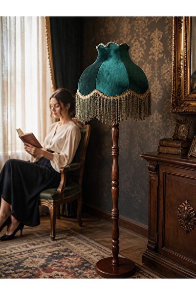 Dekovien Hürrem Yeşili Kadife Başlık Doğal Ahşap Ayaklı Klasik Model Lambader...