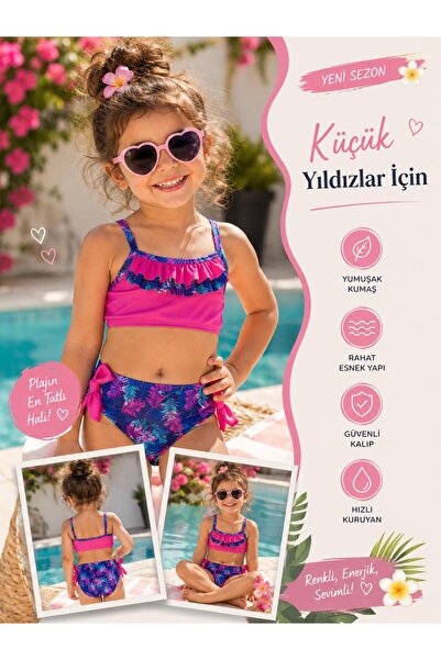 Mila Mood Kız Çocuk Fırfırlı Bikini Takımı 2 Parçalı Yazlık Desenli Plaj Bikini