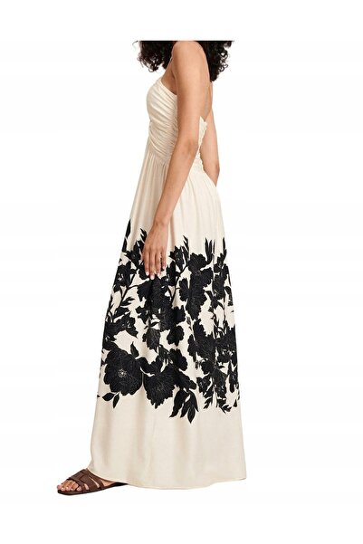 NO BRAND Rochie maxi florală bej cu guler cu șnur, mărimea XL