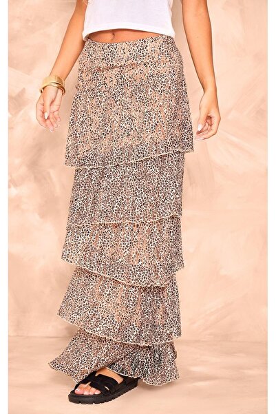 NO BRAND Prettylittlething fustă maxi cu volane, cu imprimeu leopard multicol...