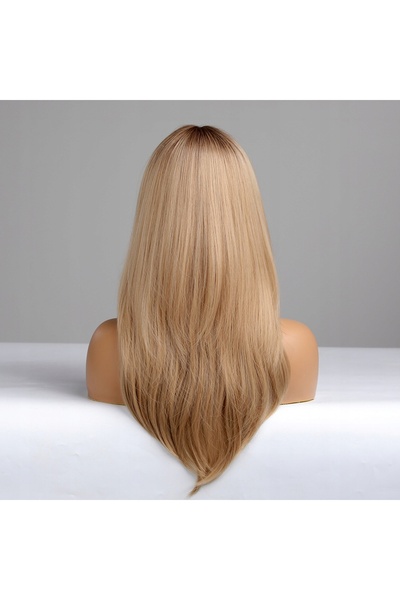 NO BRAND Perucă de damă, blondă în degrade, păr lung ondulat, 24 inch, cu breton
