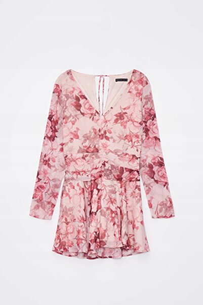 NO BRAND Rochie mini florală roz din șifon, cu imprimeu, evazată, cu legătură 34