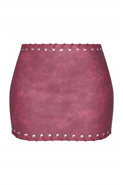 NO BRAND Fustă mini tip creion, bordo, cu decorațiuni din piele ecologică, Pr...